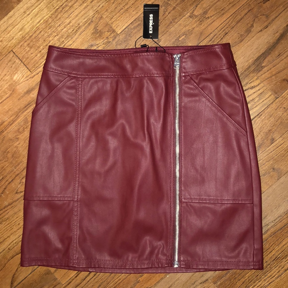 Express burgundy leather zip up skirt